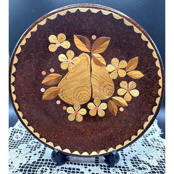 Russian Folk Art Marquetry Plate Early 20th Century Floral Pear Design - Picture 1 of 5